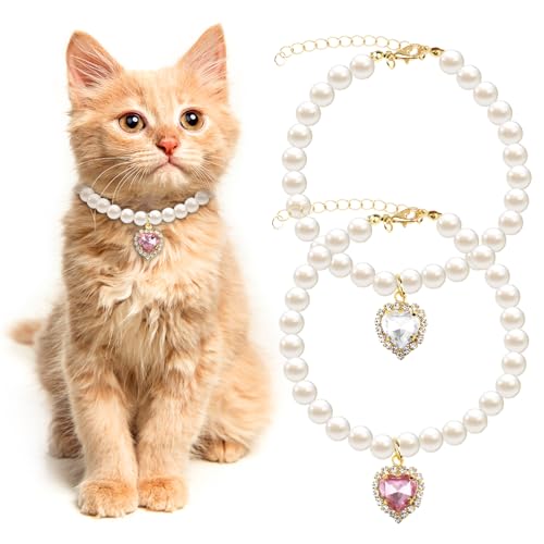 Tyqour 2pcs Cute Girl Cat Collar Pearl Cat Dog Collar with Small Heart Shape Rhinestone for Small Dogs and Cats Adjustable Fancy Dog Pearl Necklace Collars Pink Heart + White Heart