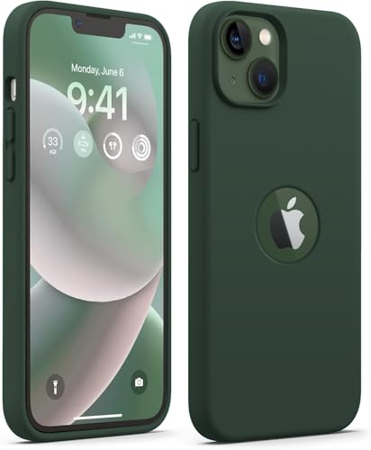 Image of Elzzi Microfiber Logo Cut Cover Compatible for iPhone 13 Case Liquid Silicone Covers Shockproof Back Cover with High Raised Camera Lips - Forest Green