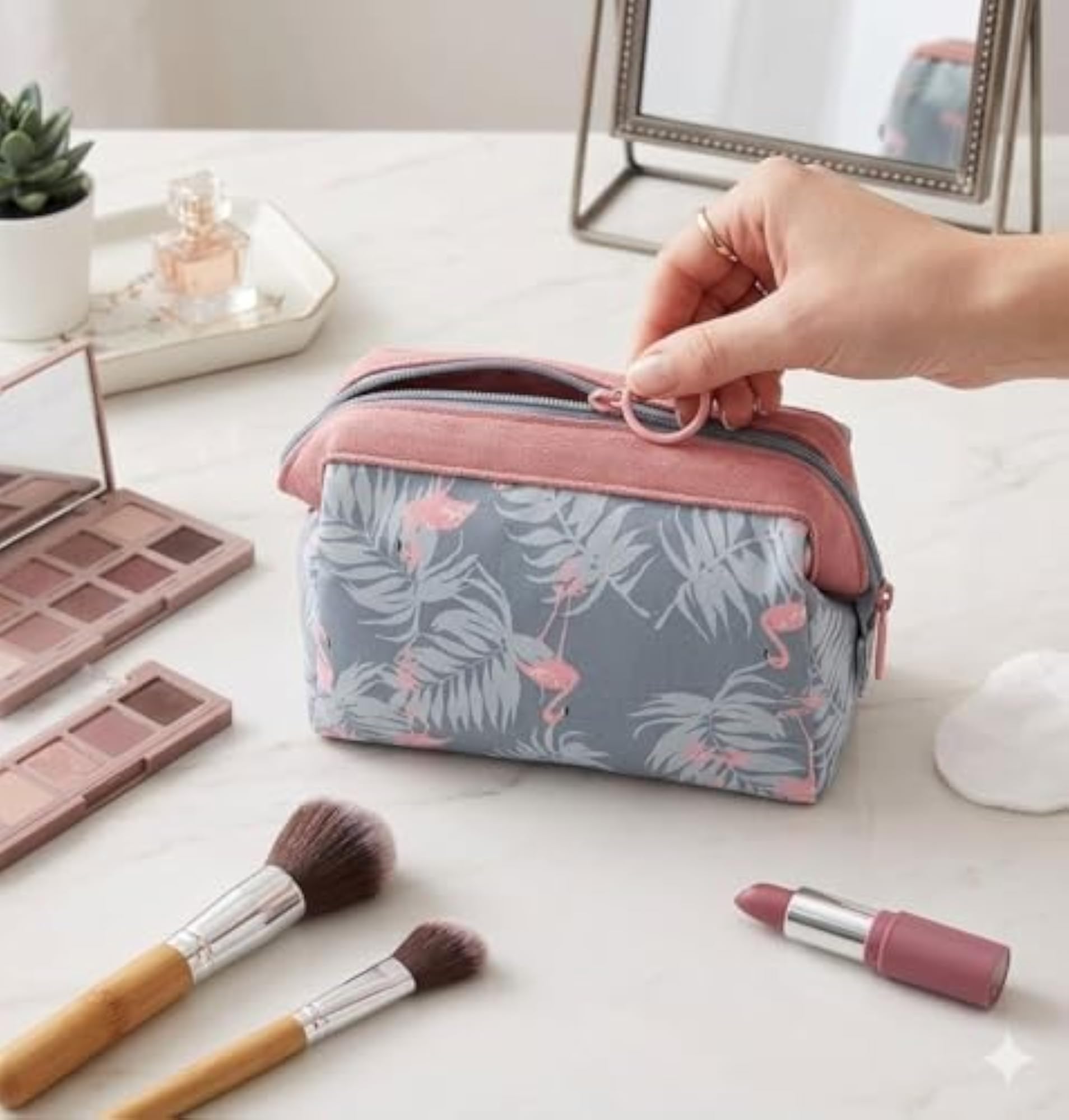 Portable Travel Makeup Pouch with Water-Resistant Zipper, Flamingo