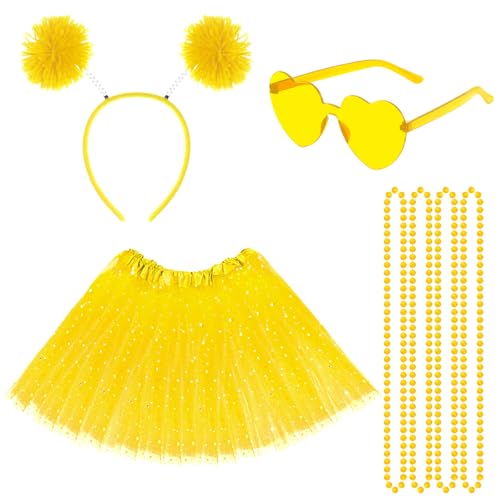 Haakong 80s Tutu Accessories Yellow Tutu Skirt Heart Sunglasses Pom Headband Necklace Halloween Mardi Gras for Little One