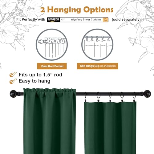 Image of Aiyufeng Ever Green Short Blackout Curtains for Bedroom 54 Inches Long 2 Panels Set, Solid Thermal Insulated, Energy Saving Window Treatment Curtains Blackout Drapes, W40 x L54 Inch, Ever Green