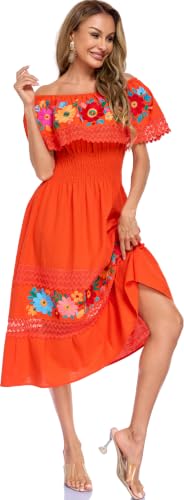 Image of Women Embroidered Mexican Dress Peasant Floral Sexy Off-Shoulder Long Dress