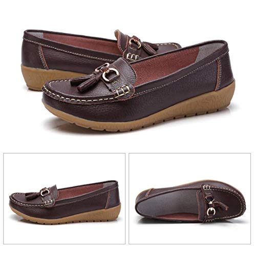 Image of Women Loafers Leather Rubber Sole Slip On Walking Flats Casual Moccasin Boat Shoes