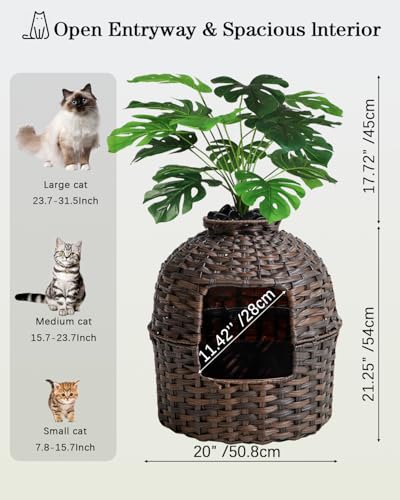Image of SETVSON Cat Litter Box Plant Furniture Enclosure, Hidden Handwoven Rattan with Cat Litter Box and Artificial Plants, Odor Control Filter, Real Stones in Living Room, Bedroom, Corner (Brown)