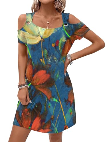 Image of GUNEST Womens Summer Dress Cold Shoulder Scoop Neck Short Sleeve Spaghetti Strap with O Ring Fashion Sundress with Pockets