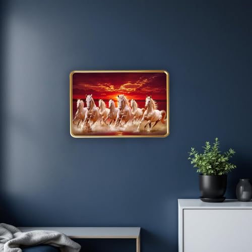Image of Vastu 7 Seven Running Horse Photo Frame, Golden Slim Frame, Sparkle Coated Lamination, 30x45 cm (Design 18)