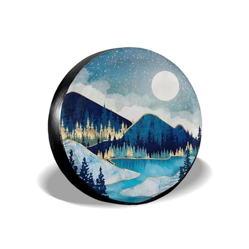 Image of Blue Gold Spare Tire Cover Mountain Tree Star Wheel Cover 14 Inch | Black,Polyester,Protectors Tire Cover,Waterproof,Dust-Proof,Universal,Fit for RV Jeep SUV Motor Travel Camper Tires