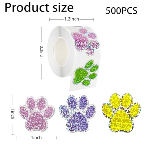 Image of 500Pcs Cute Dog Paws Vinyl Stickers Roll 1in Glitter Stickers 8 Colors Cute Dog Footprints Label Tag Self-Adhesive Classroom Reward Waterproof Decals for Bottle Birthday Party Decor