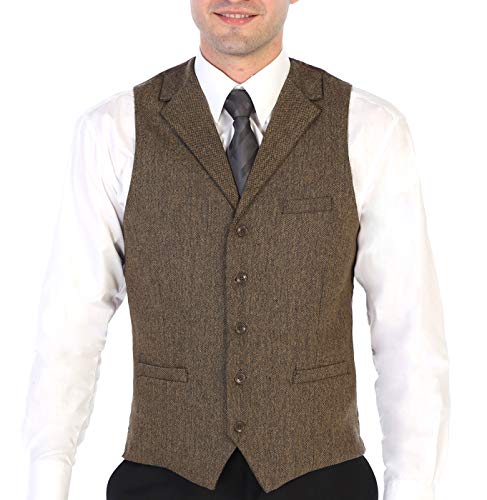Gioberti Men's 5 Button Tailored Collar Slim Fit Formal Herringbone Tweed Suit Vest, Khaki Herringbone, Size X-Large #TOP2