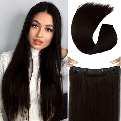 Isaic Invisible Wire Hair Extensions 24 Inch Straight Heat Resistant Synthetic Invisible Hair Extensions for Women Adjustable Size 4 Secure Clips Hairpiece for Daily Party Use(Black Brown)