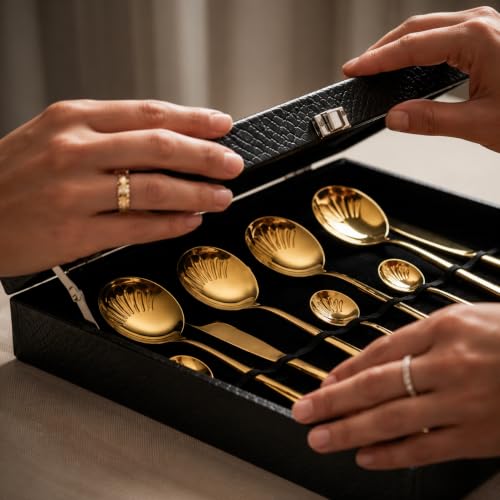 Image of 24-Piece Gold Stainless Steel Cutlery Set with Premium Storage Textured Plastic Box | Mirror Finish Flatware for 6 | Dinner Spoons, Forks, Knives & Teaspoons | Luxury Gift Set