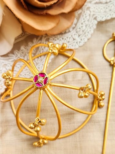 Image of Hair Bun Cage Accessory for Women | Handcrafted Brass Juda Cover with Stick | Anti-Tarnish Traditional Hair Accessory for Wedding & Festive (Ghungroo Hair Bun (Golden))