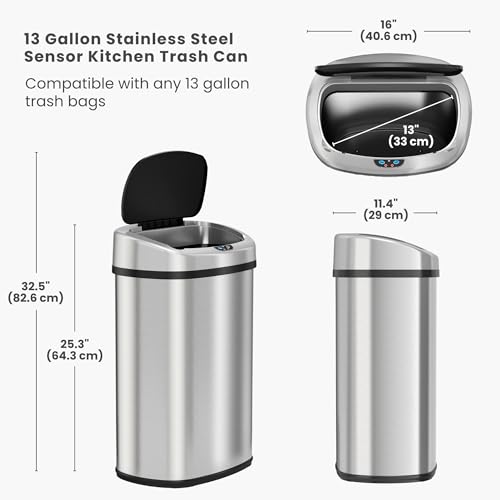 Image of iTouchless 13 Gal Steel Sensor Trash Can | AC Adapter, AbsorbX Odor Filter