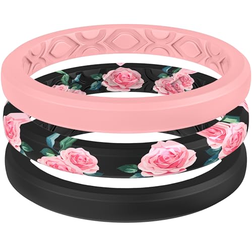 ThunderFit Anéis de silicone empilháveis para mulheres, alianças de casamento de borracha respirável - Design trançado 3 mm de largura 1,8 mm de espessura - 3/8 pacote variado, 7.5 - 8 (17.30mm),