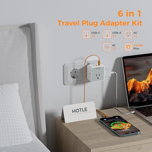 TESSAN Universal Travel Adapter Kit, 6-in-1 International Power Adapter with 3 USB (1 USB C) and 3 AC Outlets, Wordwide Adaptor Supports Type C, G, E/F, I, A, B for US EU UK Australia Japan, Grey4