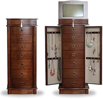 Hives and Honey Noel Standing Jewelry Armoire Cabinet, Locking Organizer with Flip Top Mirror, 2 Side Doors, 7 Drawers, Jewelry Chest for Necklaces, Earrings, Bracelets, Walnut
