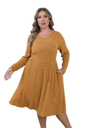 Image of Women's Plus Size Casual Sweater Dress Square Neck Long Lantern Sleeve Tie Waist Loose Pullover Sweater Dresses