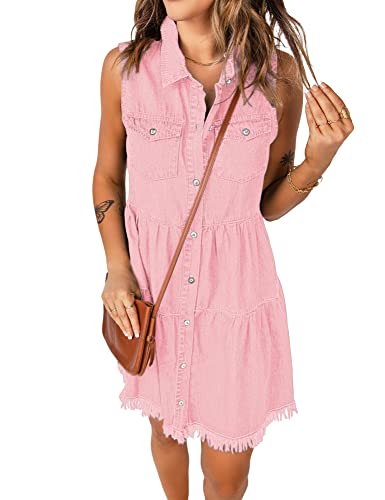 Image of luvamia Women's Casual Summer Lapel Sleeveless Button Down Short Denim Jean Dress