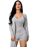 Verdusa Women's 2 Piece Lounge Sets Sleepwear Cami Romper and Long Cardigan Light Grey M