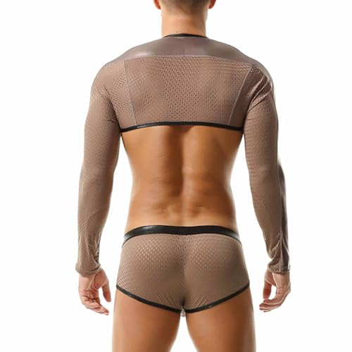 Sexy Lingerie For Men Naughty Outfits Roleplay Nightgown Nightshirt Faux Leather Sleeves Color Mesh Tops2
