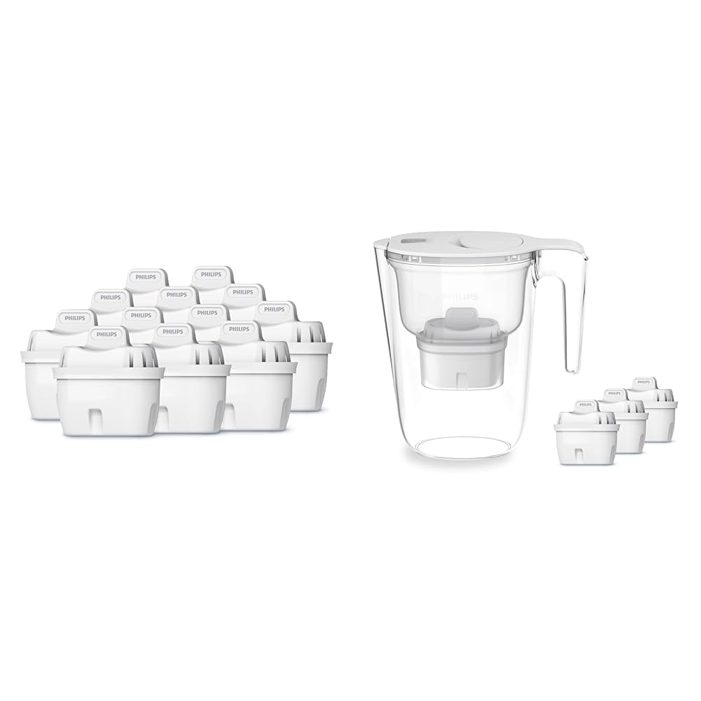 Philips Water Cartuchos de filtro de agua de repuesto, pack de 12 filtros, compatible con Brita & Filtro de jarra +3 cartuchos de filtro de repuesto Micro X-Clean, flujo rápido, blanco, 2,6 litros