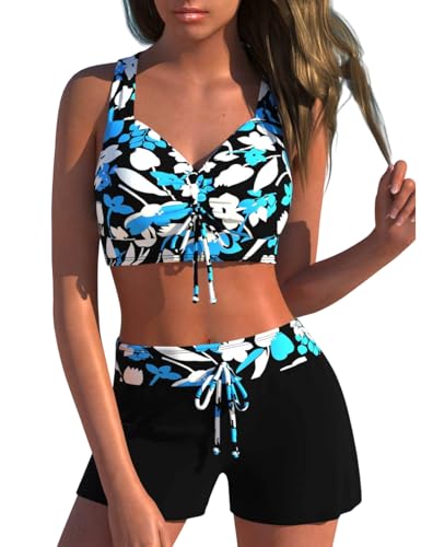 Image of KORADI Girls Swimsuits Two Piece Bathing Suit Bikini Sets Teen Cute Drawstring Tops Bikinis Boyshort Bottom 13-16 Years