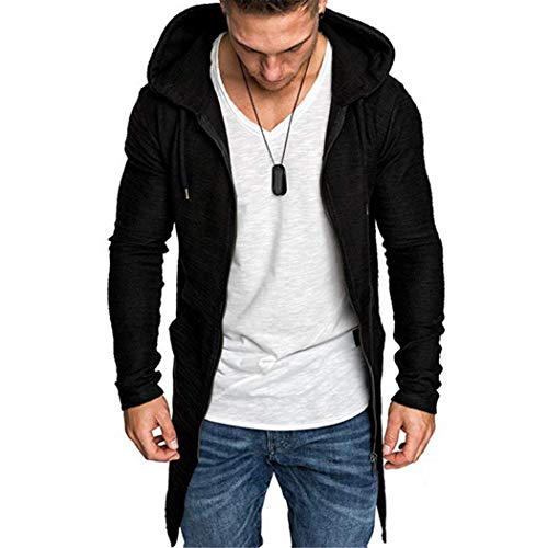 Men's Long Cardigan Jacket Hooded Zipper Slim Fit Open Front Longline Cardigans with Pockets Sweater