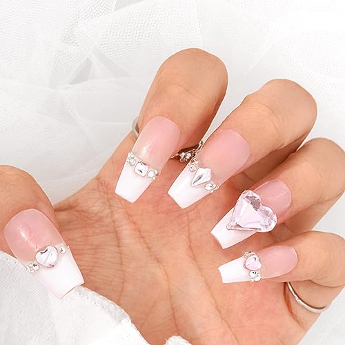 Sethexy French Long Coffin Pink False Nails Handmade Rhinestone Glossy Fake Nails 3D Crystal Love Heart Press On Nails Acrylic Salon Quality Nail Art Removable for Women and Girls(K) - Image 2
