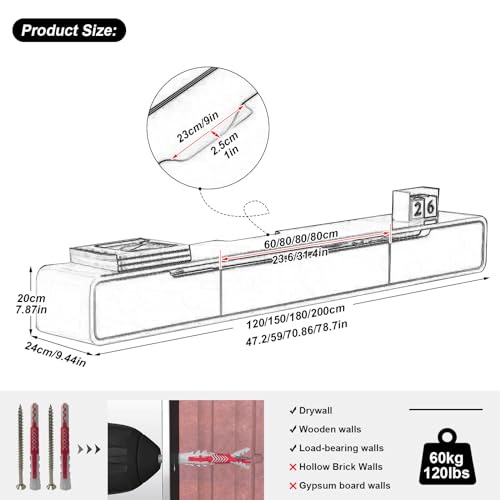FPIGSHS Mueble TV Suspendido Moderna Mueble de TV Flotante Negro Consola Multimedia Entretenimiento Pared Armario Televisión con Puertas y Cajones Ideal para Salón y Dormitorio (A, 120cm) - imagen 2