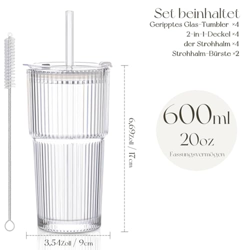 KEMORELA 4 Stück Trinkbecher mit Deckel und Strohhalm aus Glas, 600ml Gerippte Glasbecher Set für Eiskaffee, Latte Macchiato… – Ansicht 6