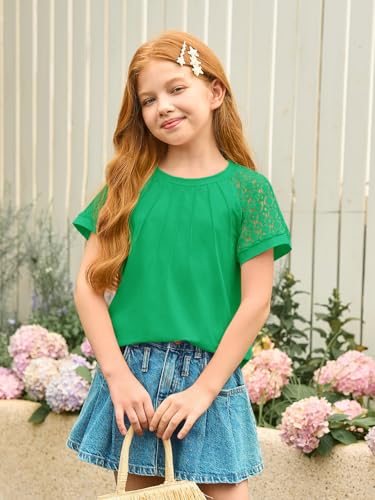 Image of Girls Pleated T Shirts Kids Fashion Lace Sleeve Summer Tops 5-14 Years | Casual Crewneck Blouse,Fashion Clothes