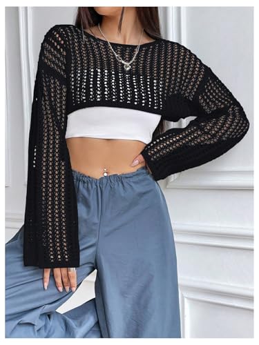 Verdusa Women's Hollow Out Knit Drop Shoulder Crop Sweater Pullover Top4