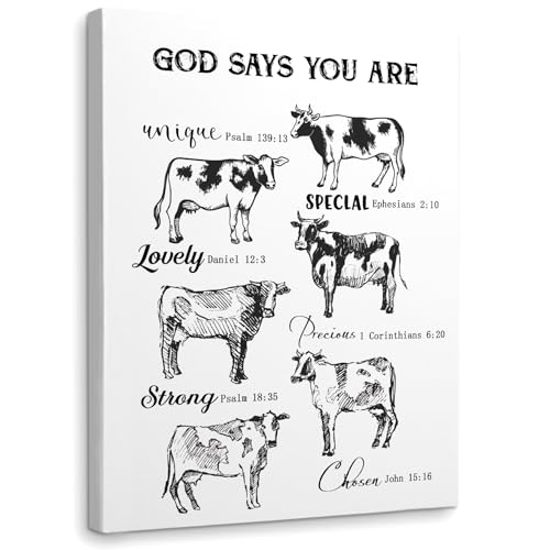 Image of WODMIS Christian Cow Framed Canvas Wall Art Decor 11×14 inch, Inspirational Spiritual Scripture Christian Boho Farmhouse God Says You Are Wall Decoration for Kitchen Living Room Bedroom Bathroom