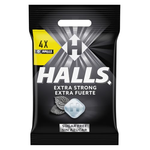 Halls Caramelos Sabor Extra Fuerte, Sin Azúcar, Paquete de 4 x 32g