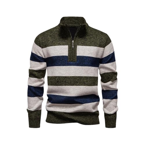 Men's Winter Knit Pullover - Patchwork Striped Fashion Stand Collar Thick Warm Knit Sweater