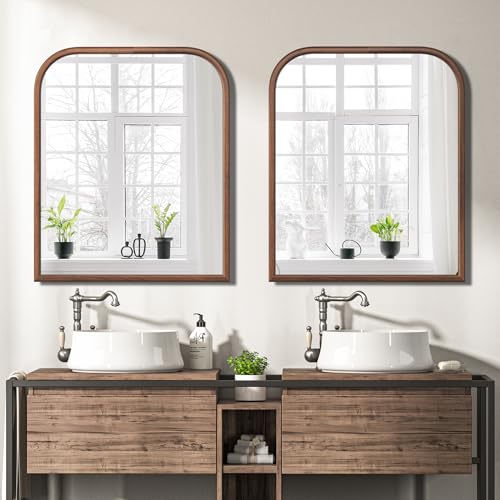Image of 30 inchx36 inch Arch Wall Mirror for Wall, Wall Mounted Vanity Mirror for Bedroom, Wood Grain Finish Frame Mirror with Tempered Glass, Vintage Decorative for Bathroom, Entryway, Living Room, Walnut