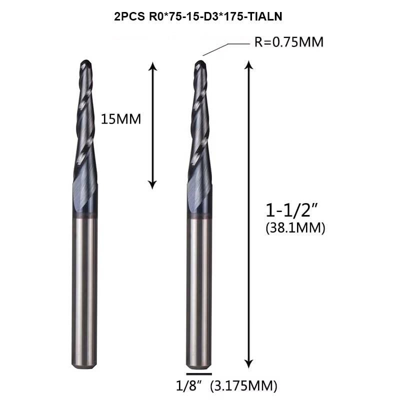 2 Stück R0,75*D3,175 * 15 * 38,1L*2F Hartmetall-Vollkern-Kugelfräser, Kegel- und Kegelfräser for Holz