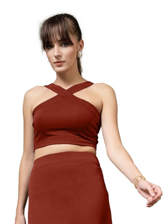 Image of OOMPH! Women Stretchable Relaxed Fit Crop Top With Stylised Shoulder Straps
