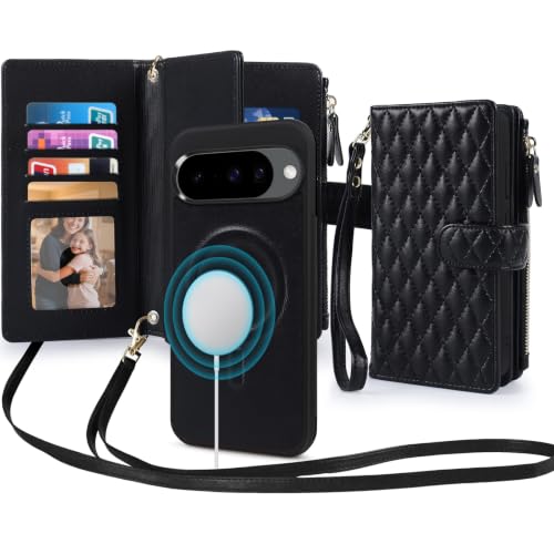 Harryshell 2 in 1 for Google Pixel 10A Wallet Case Magnetic Compatible with Magsafe RFID Blocking Card Holder Detachable Phone Cover Zipper Purse Kickstand Wrist Strap for Men Women Crossbody Black