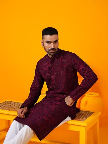 Sojanya (Since 1958 Men's Cotton Silk Kantha Thread Embroidered Wine Long Kurta
