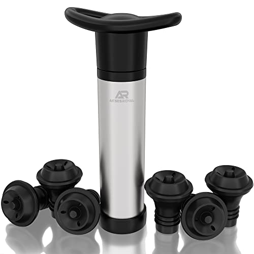 Premium Wine Pump Preserver Saver Kit - Includes Vacuum Pump & 4 Reusable Leak-Free Valve Air Bottle Stoppers + 2 Free - Keeps Your Wine Perfectly Fresh -  AKSESROYAL, WP6-V