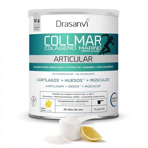 DRASANVI COLLMAR ARTICULAR Colageno Marino Hidrolizado con Magnesio, Glucosamina Condroitina y MSM| Articulaciones y Tendones |Antiinflamatorio y Reparador de Tejidos | 280 g | Sabor Limón