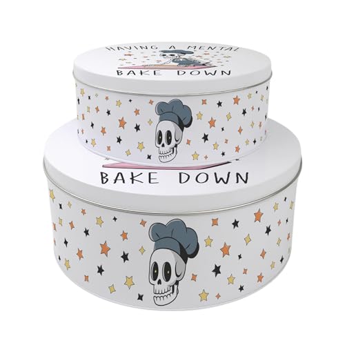 Purely Home Mental Bake Down Set of 2 Cake Tins Gift - Funny Halloween Themed Nesting Round Large & Medium Metal Storage Containers for Baking