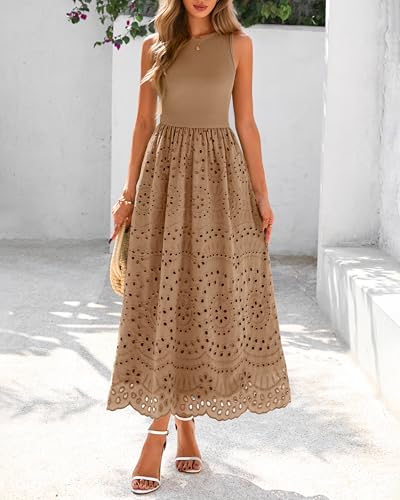 dowerme Women Summer Dresses 2025 Casual Sleeveless Crewneck A-Line Boho Lace Eyelet Cotton Tank Maxi Dress with Pockets3