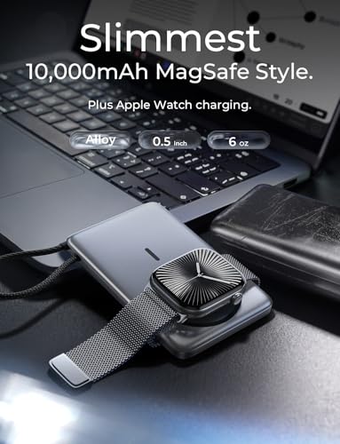 Image of LISEN 0.5'' Ultra Slim MagSafe Power Bank for iPhone and Apple Watch,10000mAh MagSafe Battery Pack,Alloy Magnetic Portable Charger for iPhone 16 Pro Max Plus /15, Apple Watch S11 /S10 S9 SE,Grey