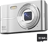 Digital Camera,4K 50MP Point and Shoot Camera for Teens with 16X Zoom Anti Shake,64GB TF Card,1 Battery,2 Types of adapters, a Card Reader, and a Lanyard. Compact Small for Boys Girls （Pink） (Silver)