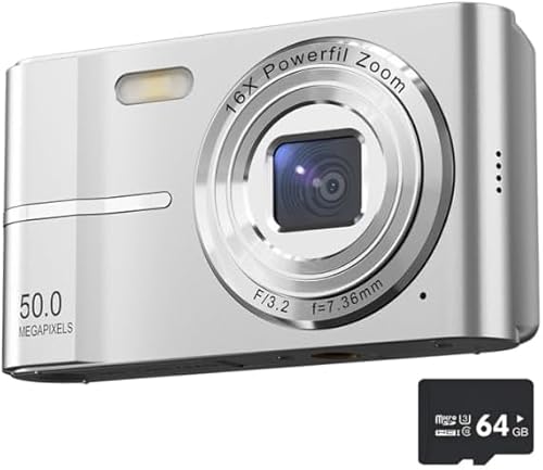 Digital Camera,4K 50MP Point and Shoot Camera for Teens with 16X Zoom Anti Shake,64GB TF Card,1 Battery,2 Types of adapters, a Card Reader, and a Lanyard. Compact Small for Boys Girls （Pink） (Silver)