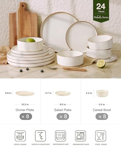 Image of Famiware Nebula Plates and Bowls Sets, 24 Pieces Stoneware Dinnerware Sets, Microwave and Dishwasher Safe Dish Set, Dishware Sets for 8, Vanilla White with Brown Rim