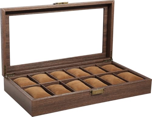 Uten Caja de reloj de 12 compartimentos, caja de reloj con almohadillas extraíbles, hebilla de metal, interior marrón, joyero para relojes de hombre y mujer
