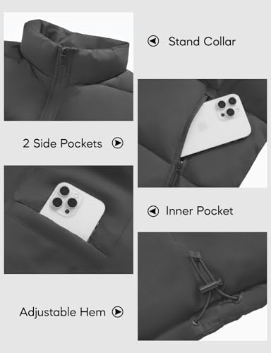 Image of WHN Men's Casual Puffer Vest Lightweight Full Zip Up Work Sleeveless Jacket Stand Collar Outerwear with 3 Pockets